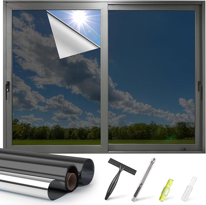 Kromapolis One Way Window Privacy Film Reflective Mirror Home Window Tint, Daytime Privacy Heat Control Anti UV Glass Tinting Static Cling (Black-Silver, 45.2 x 78.7 inch)