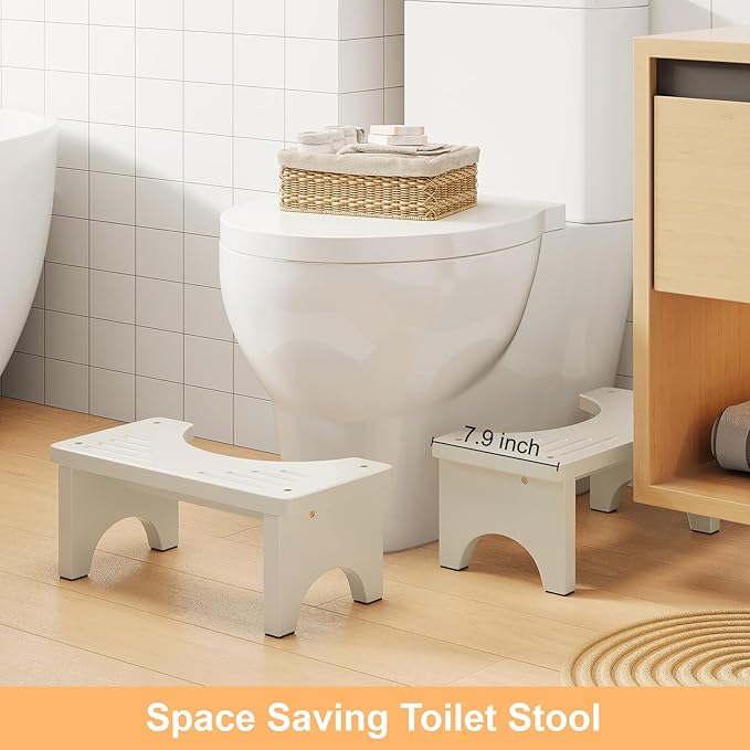 Uaniar 2 Pack White Toilet Stool Squat Adult - 6.7" Non-Slip Bathroom Poop Stool, Bamboo Wood Squatting Potty Stools for Adults with Space-Saving Curved Base, Pooping Toilet Foot Step