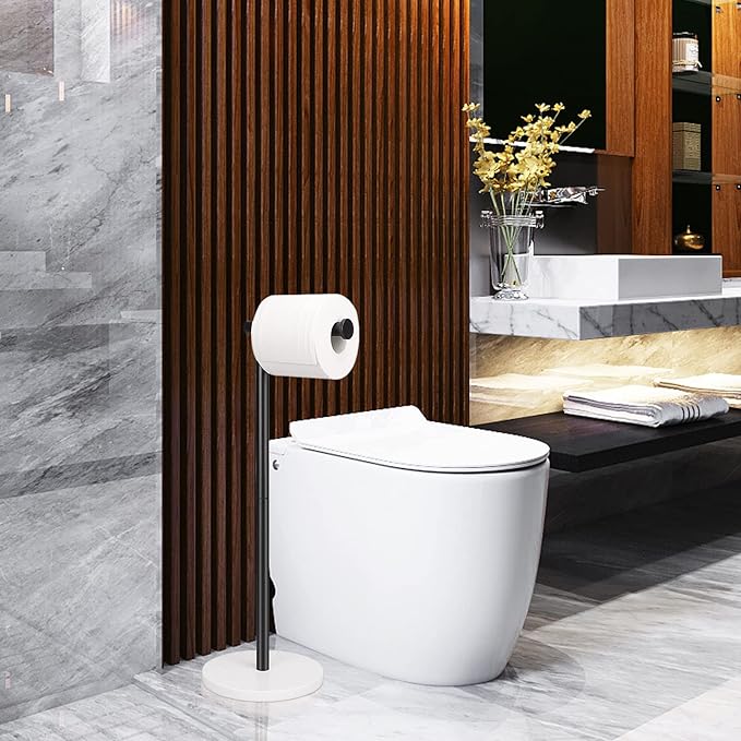 NearMoon Bath Toilet Paper Holder Stand- Modern Tissue Roll Holder Standing with Balanced Base, Rustproof Toilet Roll Holder for Bathroom/Kitchen Countertop (Matte Black, Marble Base)