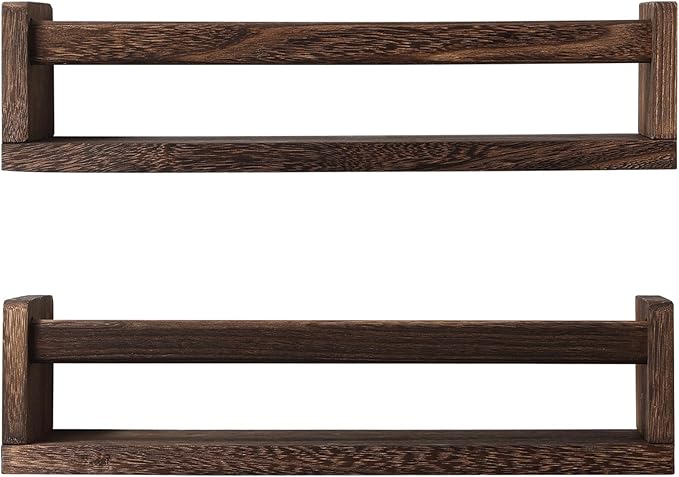 Nursery Book Shelves, Set of 2 Wood Floating Book Shelves for Kids Room, Kitchen Spice Rack, or Rustic Wall Mounted Shelves for Farmhouse Bathroom Décor (Carbon Brown)