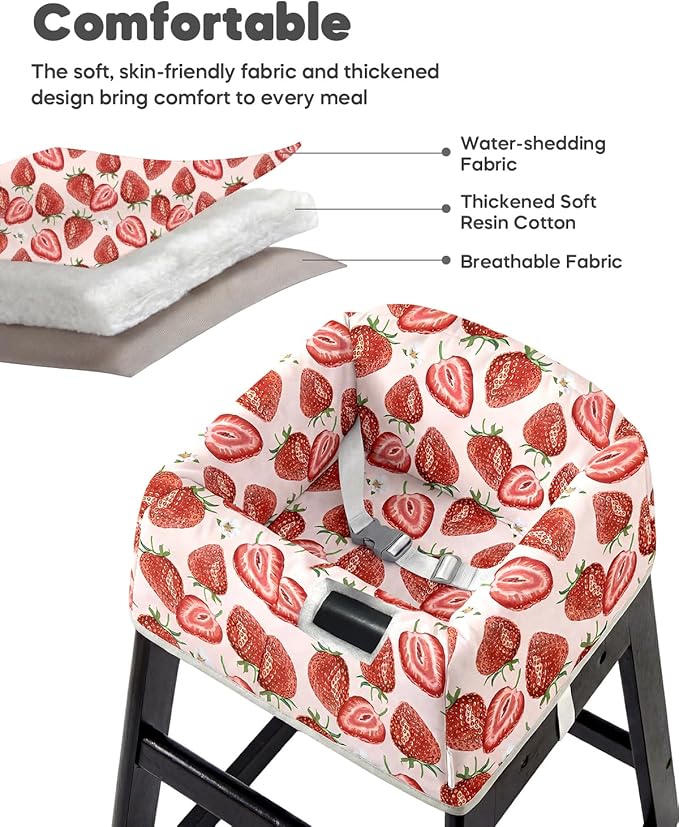 Mamatepe Baby High Chair Cover with Strap Pads & 2-Point Harness - Machine Washable, Waterproof, Portable for Restaurant/Travel/Home - Fits Wooden High Chairs, Red Strawberry