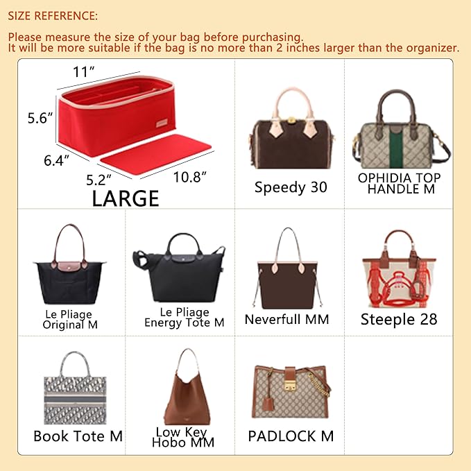 Purse Organizer Insert for Handbags, Fit Speedy 30 Neverfull Felt Tote Insert with Base Shaper Zipper Bag in Bag