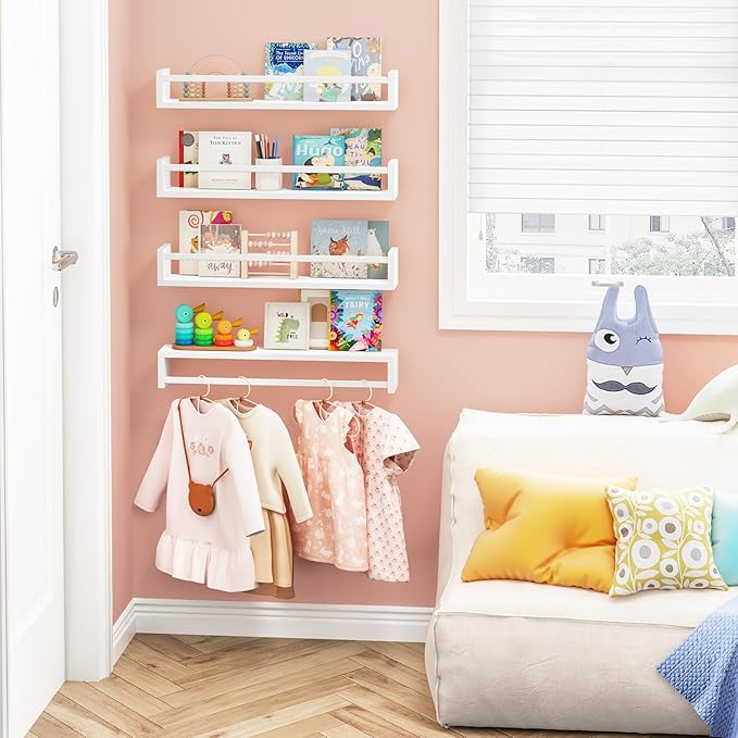 Fixwal Nursery Book Shelves, 23.6 Inch Floating Bookshelves for Wall Set of 4, Baby Nursery & Playroom Decor, Solid Wood Wall Mounted Shelves for Books and Toys Storage (White)