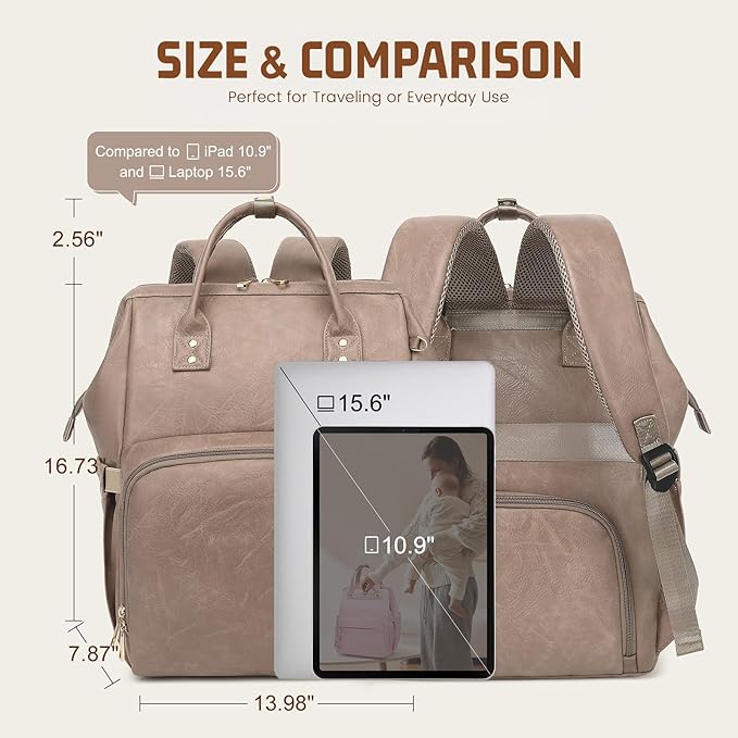 ROSEGIN Premium Vegan Leather Diaper Bag Backpack with Waterproof Changing Pad – Reinforced Stitching & Zippers, Baby Bag for Boy Girl, Stroller Straps, Ergonomic Design for Traveling Moms, Taupe