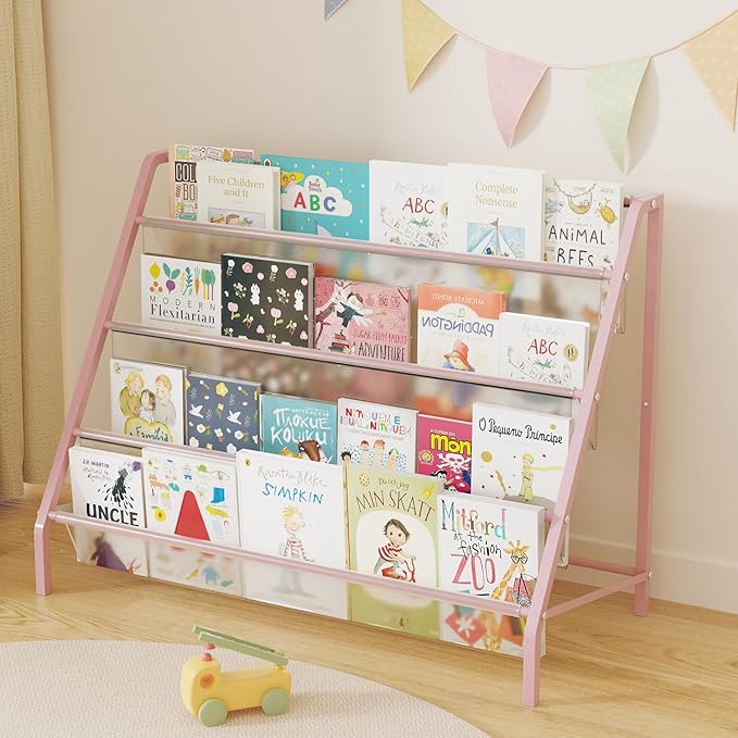 High-Transparent 4 Tier Kids Bookshelf, Sturdy Metal Large Size Book Rack Storage for Kid - Toddler Book Shelf Display for Nurasery, Playroom or Kids Room, Bookshelf Hold More Books - Pink