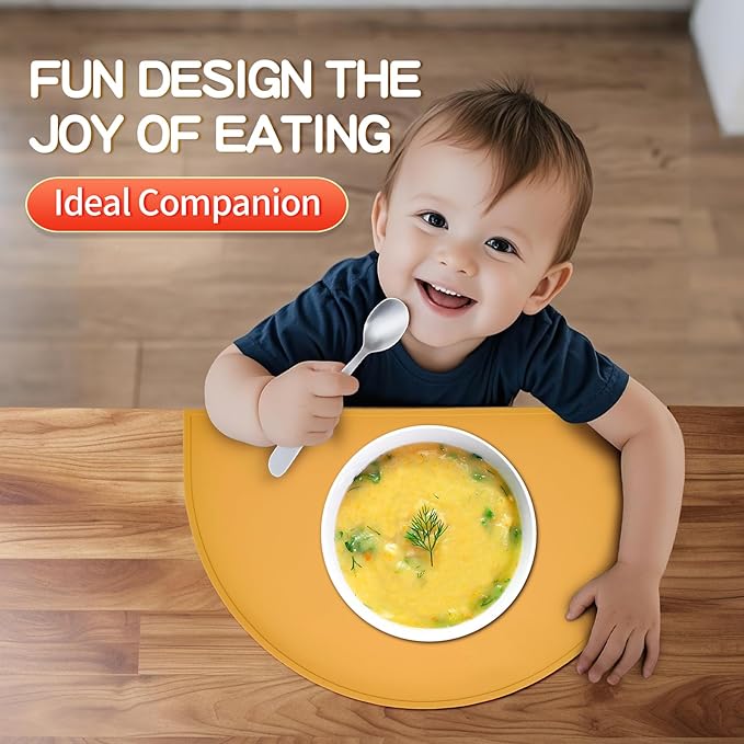 Silicone Bear Placemat for Toddlers (Half Circle 2pcs, Yellow Gray)