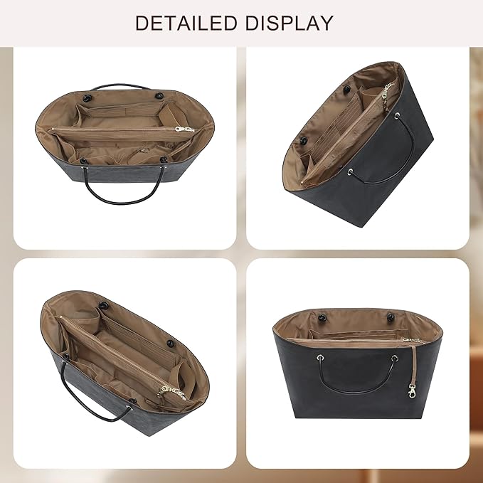 Doxo NEW Purse Organizer Insert for Longchamp LePliage Large,Fixed Handle, Bag Shaper with Key Leash& 16 Compartments, Upgraded Elastic Cup Holder(Black&Brown, L)