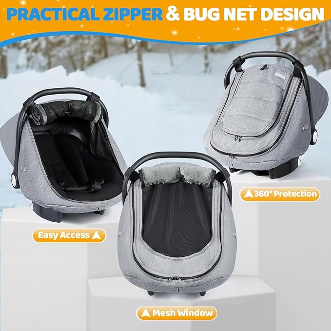 IvyWind Baby Car Seat Cover, Universal Winter Carseat Cover for Babies with Breathable Mesh Window, Cozy and Warm Infant Car Seat Covers for Cold Weather, Kick-Proof Carseat Canopy, Light Gray