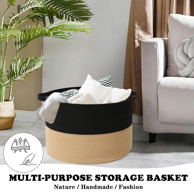 Large Storage Basket with Handle,23.6" x 23.6" x 15.7" Blanket Basket Storage Bins for Organizing,115L Cotton Rope Woven Baskets for Living Room, Nursery,Bedroom,Black&Camel