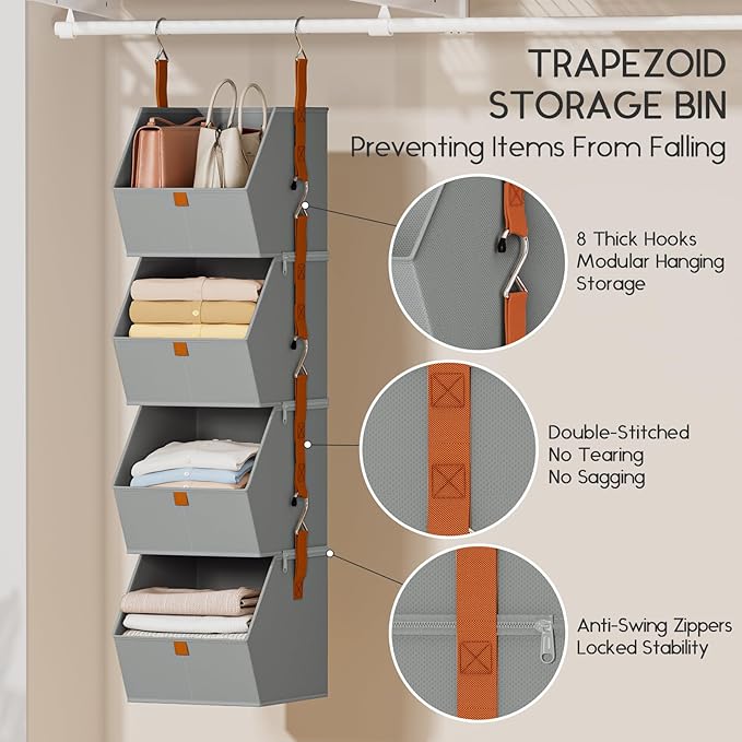 Homsorout Hanging Closet Organizer 4 Tier - Clothes Hanging Shelves, Space-Saving Closet System, Fabric Storage Bins Bedroom Organization, Collapsible Baskets for Home, Dorm, Rv, Grey, 2 Pack