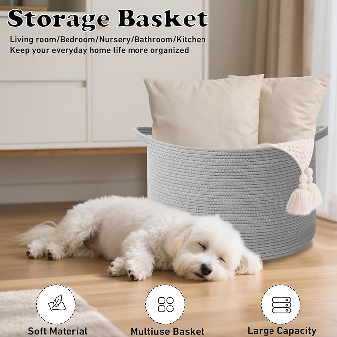 Large Storage Basket with Handle,23.6" x 23.6" x 15.7" Blanket Basket Storage Bins for Organizing,115L Cotton Rope Woven Baskets for Living Room, Nursery,Bedroom,Light Gry