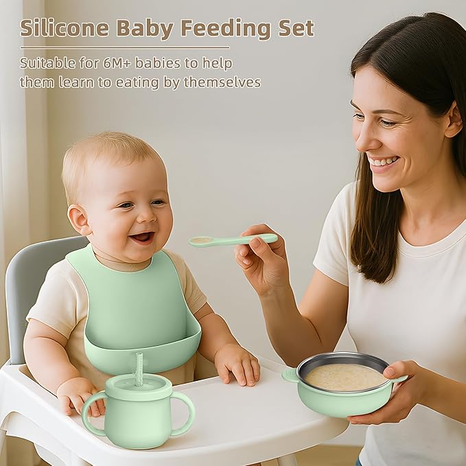 27 Pack Silicone Baby Feeding Set, Food Grade Silicone Baby LED Weaning Supplies, Include Suction Plates, Baby Bowls, Bibs, Fork & Spoon, Training cup with straw, 6 Months+(Brown, Blue, Green)