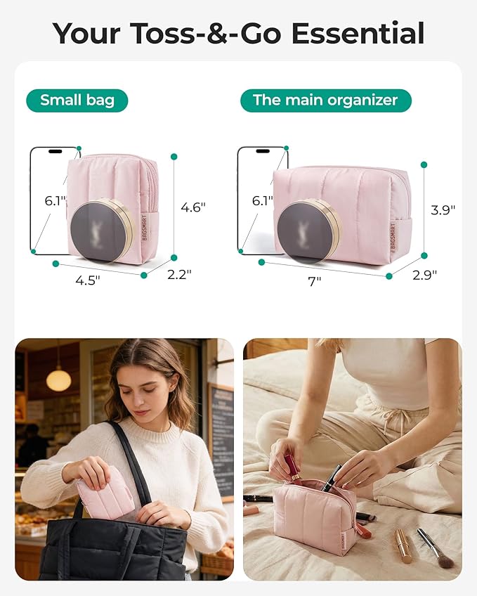 BAGSMART Makeup Bag Duo Set, Puffy Padded Travel Cosmetic Organizer with Slip-in Pockets, Large Toiletry Bag & Small Purse Pouch, Travel Essentials for Women, Blue