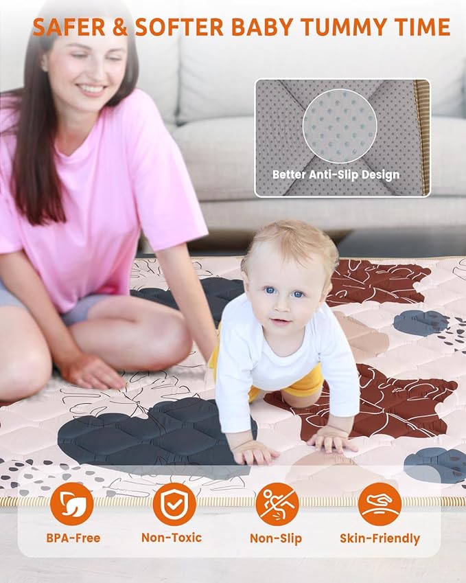 74x50 Playpen Mat Foam Thick, Large Baby Play Mat for Babies Kids Toddlers Infants Floor Crawling, Washable Cushioning Padded Baby Playmat for Indoor Outdoor, Gift for Boys Girls, Boho Leaf