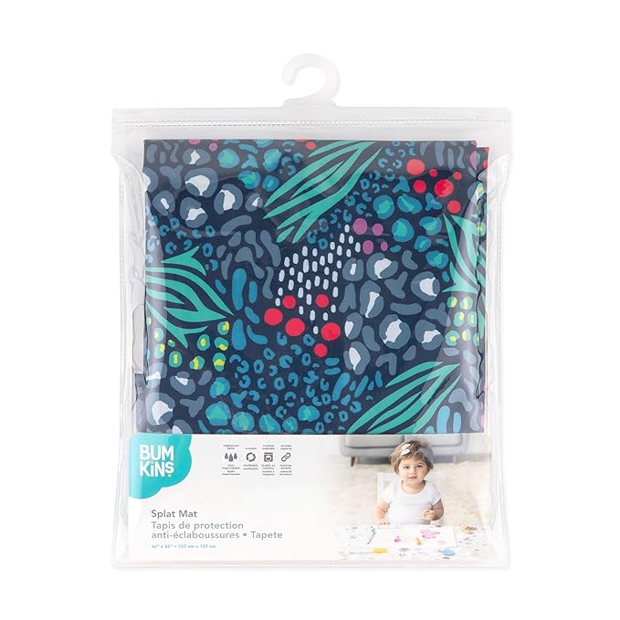 Bumkins Baby Splat Mat for Under High Chair, Babies Toddlers Eating Mess Mat, Waterproof Reusable Cloth for Arts and Crafts, Playtime Mat for Kids, Floors or Tables, Fabric 42inx42in, Jungle Blue