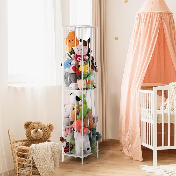 OYEAL Stuffed Animal Storage Holder Metal Toy Storage Organizer, 64'' Stuff Animal Organizer Plushies Storage with Elastic Rope for Playroom Bedroom Kid Room, White