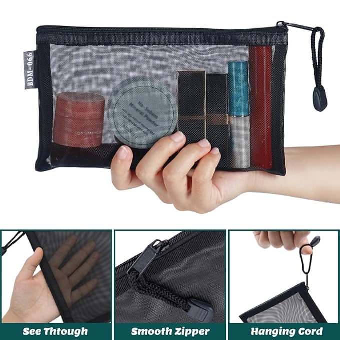 Small Mesh Cosmetic Bags, 6pcs Nylon Makeup Pouches with Zipper for Home Office Purse Diaper Bag (Black)