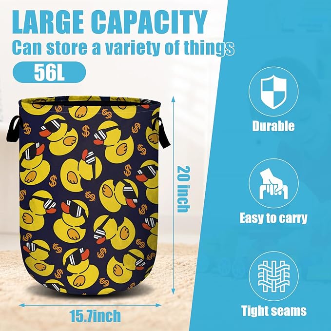 Yellow Duck Laundry Basket, Laundry Hamper Collapsible Oxford Cloth with Handle Clothes Toy Storage Bin for Bathroom Laundry Room Bedroom 15.7 X 20 Inch