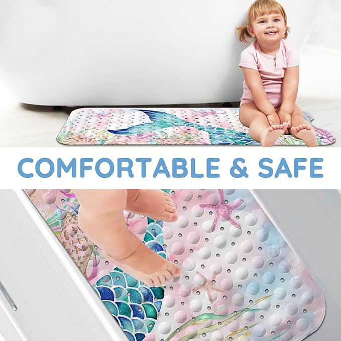 KINUUIS Bathtub Mats for Kids, Pink Mermaid Bath Mat for Tub Non Slip, 40 X 16 Inch Large Washable Bathtub Mat Non Slip for Showers with Drain Holes and Suction Cups