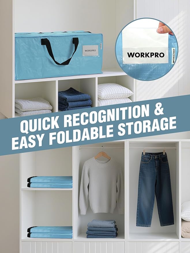 WORKPRO 8 Pack Extra Large Moving Bags with Zippers & Carrying Handles Backpack Straps, Heavy-Duty Storage Tote for Space Saving & Storage, Alternative to Moving Box (Dusty Blue)
