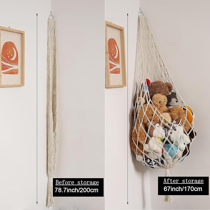 Novel Stuffed Animal Hammock Corner Hanging Net for Stuff Aniaml Storage Macrame Toy Display Plush Toy Holder-Perfect for The Tiny Space Walls (cream, XXL)