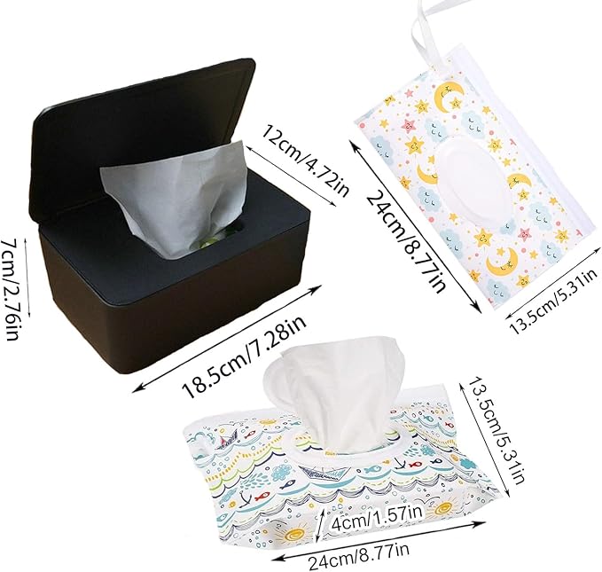 Wipes Dispenser with 2Pcs Portable Refillable Wipe Holder,Reusable Large Wipe Holder Box Flushable Wipes Case Bathroom Wipes Container for Pet Nursery Kitchen Office Counter(Black)
