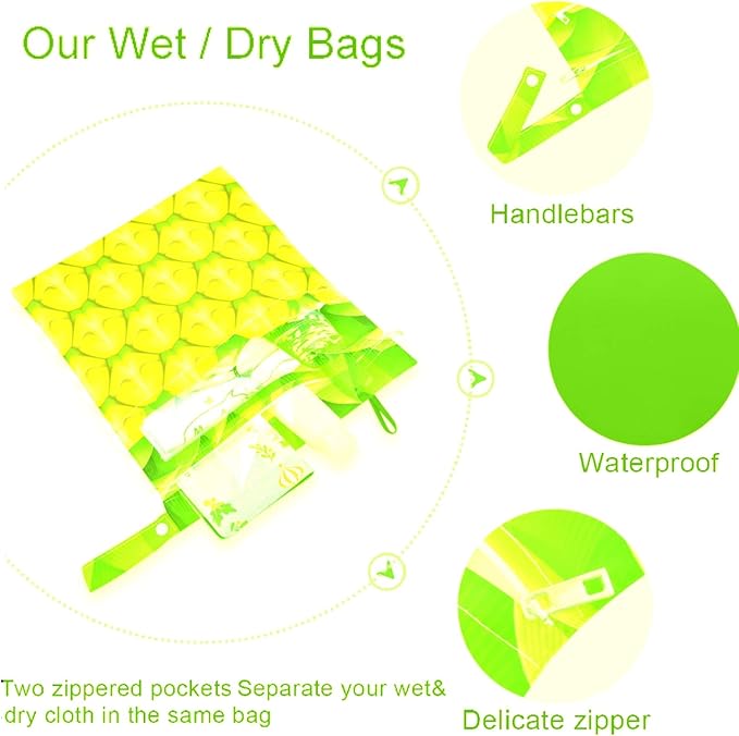 visesunny Tropical Pineapple 2Pcs Wet Bag with Zippered Pockets Washable Reusable Roomy for Travel,Beach,Pool,Daycare,Stroller,Diapers,Dirty Gym Clothes, Wet Swimsuits, Toiletries