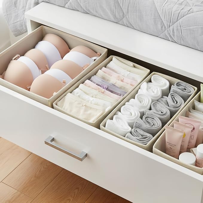 4-Pack Drawer Organizer Set - Foldable Fabric Storage Bins with Zipper Bottom for Underwear, Socks, Bras & Baby Clothes - 11"x11"x4.8" Large & 11"x5.5"x4.8" Small Bins, Grey