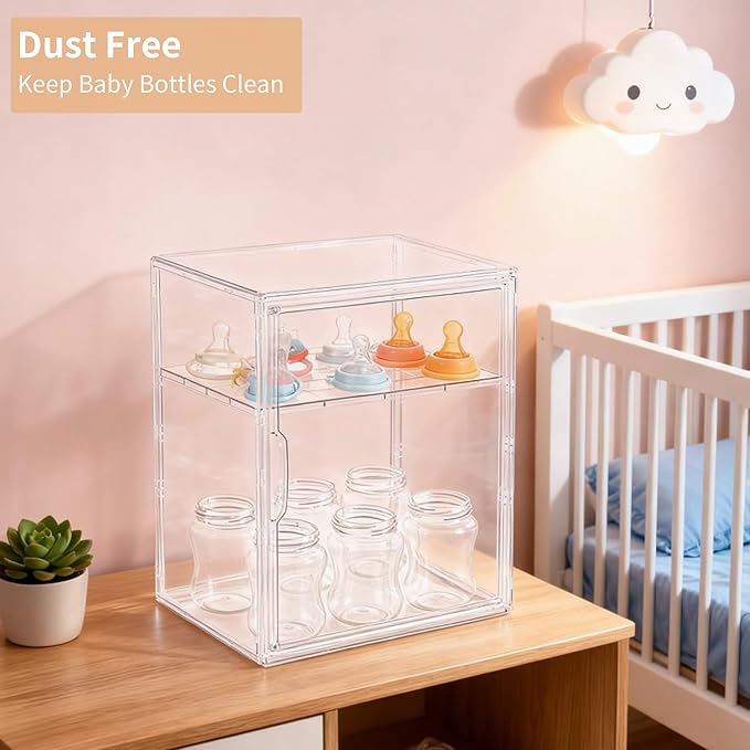 Lifelongpal Baby Bottle Storage Organizer for Countertop Cabinet, 2 Tiers Nursery Clear Acrylic Bottles Station Organizers Container with Removable Dividers and Magnetic Door