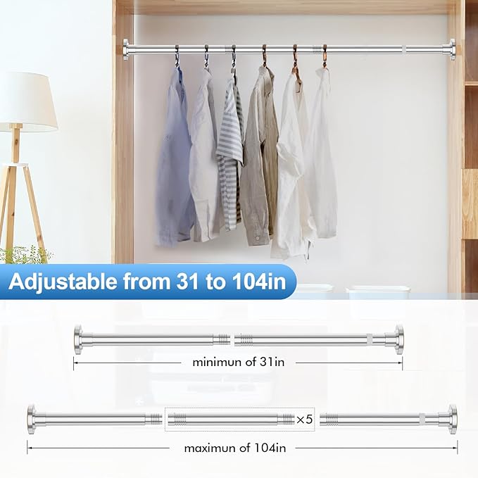 CorkLatta Chrome Shower Curtain Rod 31 to 104 Inch,1 Inch Diameter Adjustable Spring Tension Curtain Rod No Drilling Stainless Steel Telescoping Rod,No Rust