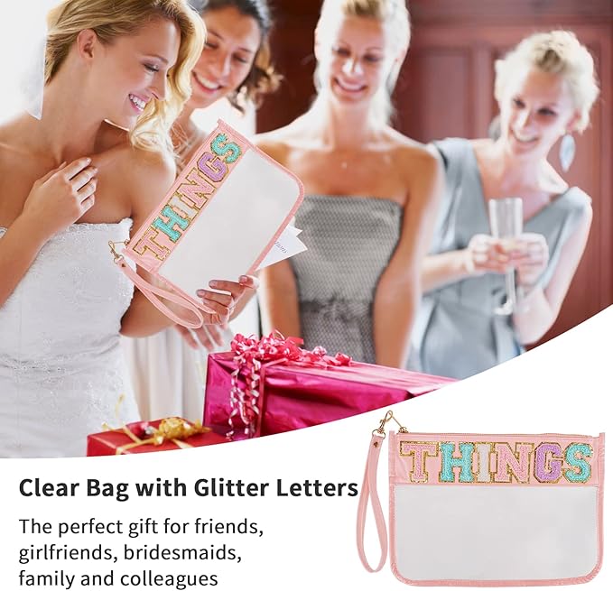 Iqimott Monogram Letter Clear Bag Purse, Chenille Glitter Letter Makeup Cosmetic Bag Patch Zipper Toiletry Pouch, Portable Travel Beach Snack Wristlet Bag for Women Girls(Things, Pink)