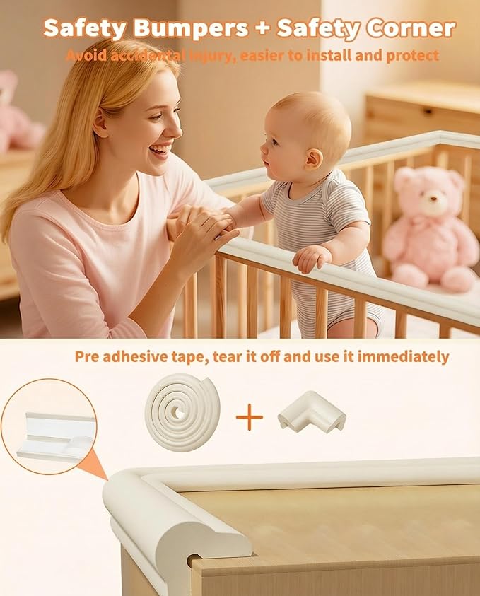 QYV Edge Protector for Baby Proofing, 6.6FT 0.67’’Th L-Shape Air Buffering Soft NBR Rubber Foam Furniture Edge Bumper Guards with 6 Corners, Pre-Taped, Thick Table Bumper Guard for Babies (Beige)