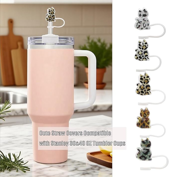 5Pcs Glitter Cat Straw Covers Cap for Stanley Cup, 0.4in/10mm Silicone Straw Toppers Compatible with Stanley 30&40 Oz Tumblers, Reusable Drinking Straw Tips Lids