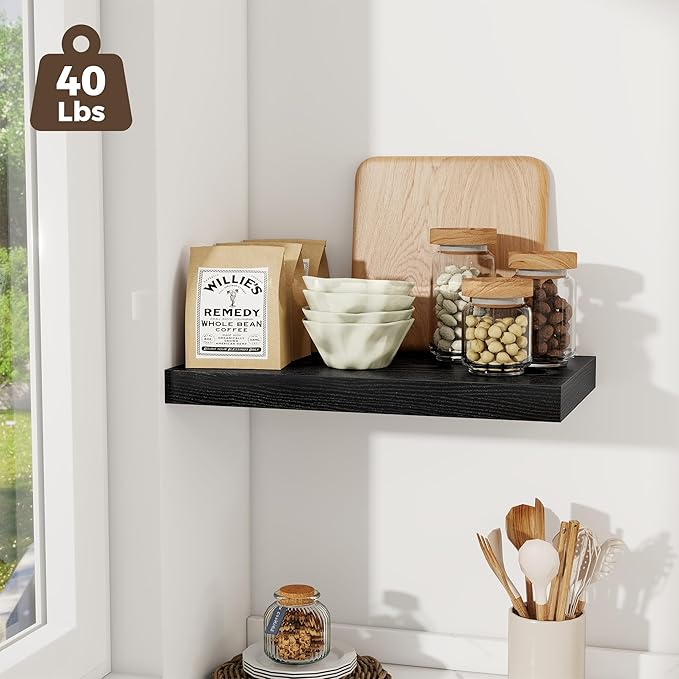 Fun Memories 12 Inch Deep Floating Shelves for Wall, 20 Inch Long Wall Mounted Storage Shelf with Invisible Brackets, 3 Pack Hanging Wood Shelf for Farmhouse, Bedroom, Kitchen, Living Room, Black