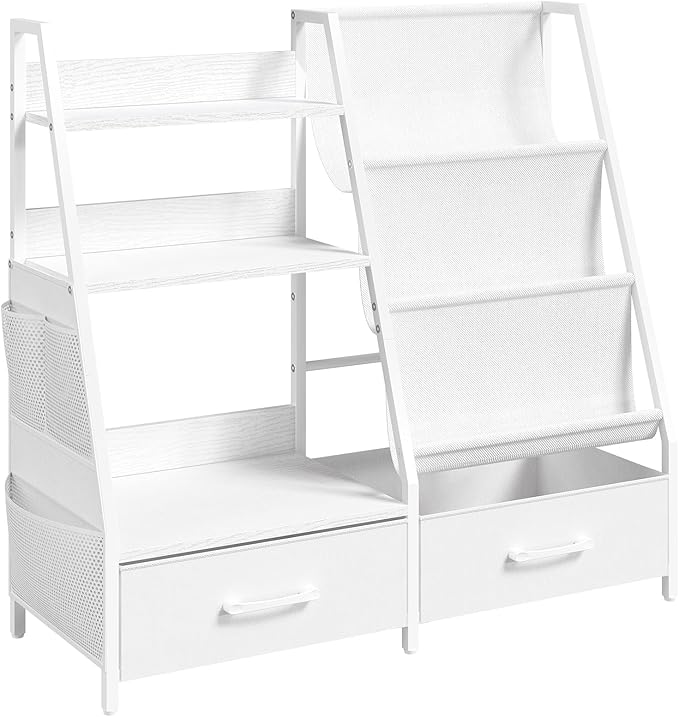 MAHANCRIS Kids Bookshelf and Toy Storage,3-Tier Sling Bookcase for Kids,Sturdy Toddler Bookshelf for Nursery,Playroom, Bedroom,White KBWT8401