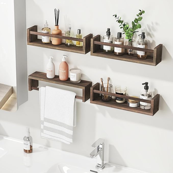 Fixwal Nursery Book Shelves, 16.5 Inch Floating Bookshelves for Nursery and Playroom Decor, Set of 4, Solid Wood Wall Mounted Shelves for Books and Toys Storage (Brown)