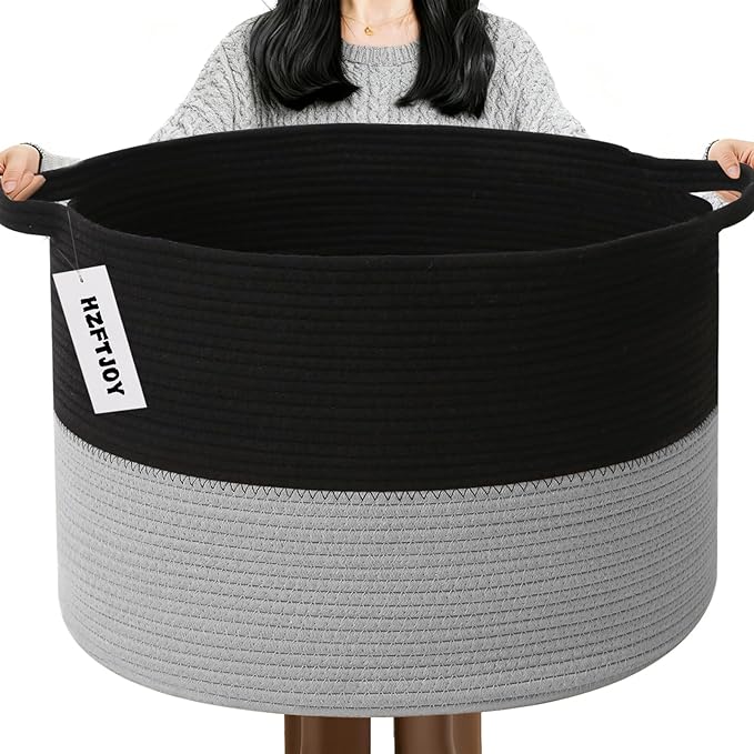Large Storage Basket with Handle,19.7"x 19.7"x 13" Blanket Basket Storage Bins for Organizing,65L Cotton Rope Woven Baskets for Living Room, Nursery,Bedroom,Black&Light Grey