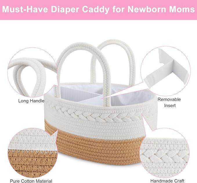 ABenkle Diaper Caddy Organizer, Boho Rustic Cotton Rope Nursery Baby Basket, Changing Table Organizer for Baby Diaper Storage and Baby Shower