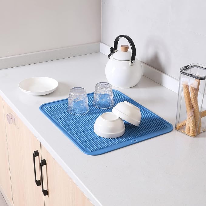 MicoYang Silicone Dish Drying Mat for Multiple Usage,Easy clean,Eco-friendly,Heat-resistant Silicone Mat for Kitchen Counter or Sink,Refrigerator or Drawer Liner Lichen BlueL 2XL 24 inches x 18 inches