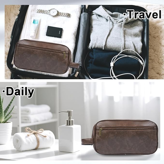 Mens travel toiletry bag, Gift For Men，PU Leather Water Resistant Cosmetic Bag Dopp Kit Shaving Pouch with Large Capacity for Toiletries Accessories(Coffee)