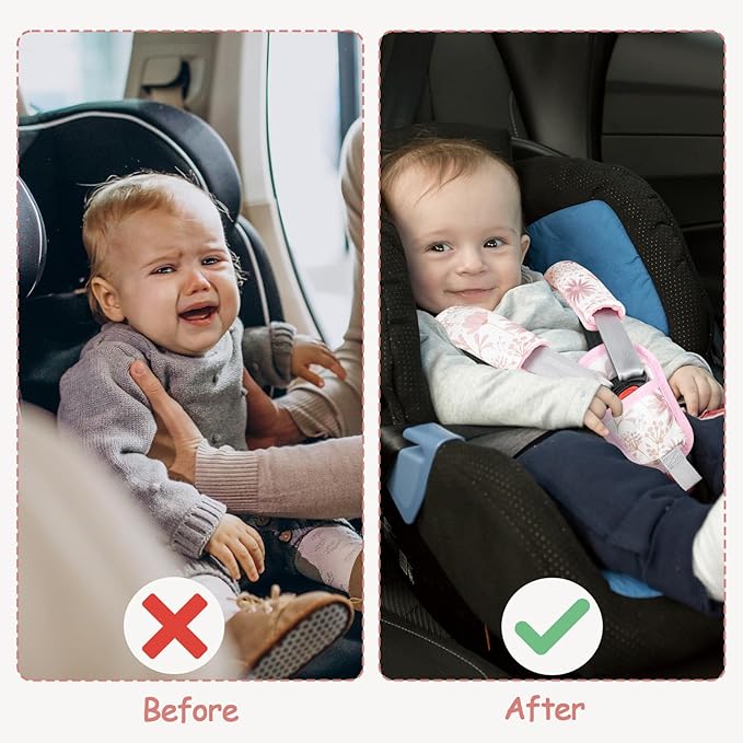 WINGHENLEE Baby Car Seat Strap Pads Suit, 3 Pieces Soft Car Seat Strap Shoulder Covers for Baby Infant Toddler, Double-Sided Car Seat Belt Covers for Stroller, Pushchair, Baby Swing, Pink Floral