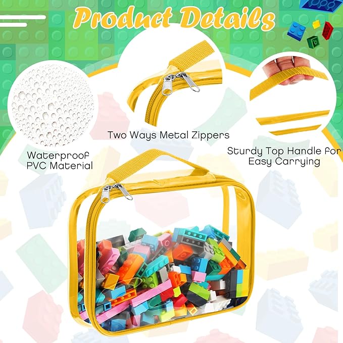 Sanwuta 3 Packs Toy Storage Bags with Zipper, Clear PVC Organizing Waterproof Toy Bags for Board Games, Building Blocks, and Kids Books(12.6 x 9 x 2.36 Inch,Blue, Yellow, Green)