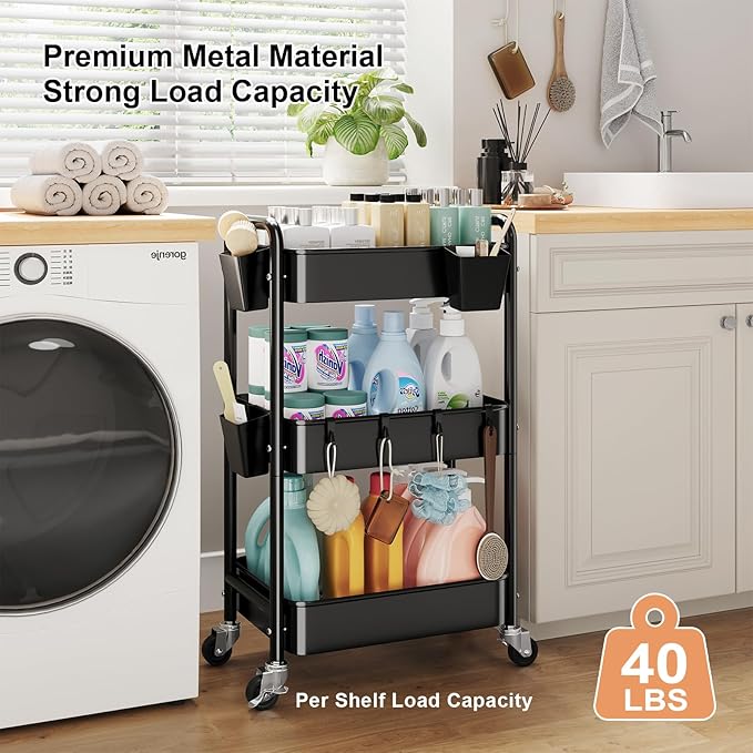 3 Tier Rolling Cart Metal with Wheels, Black Three Tiered Art Cart Organizer on Wheels, Storage Utility Trolley Carts for Kithcen, Craft, Nail, Lash, Makeup, Salon,Bedside, Bathroom, Office, Snack