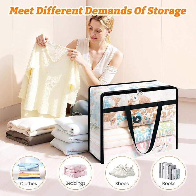 BlissTotes 4 Pack Clear Clothes Storage Bags, Moving Bags, Foldable Blanket Storage Under Bed Storage Containers with Sturdy Zipper and Handle for Clothing, Comforter, Bedding, Sheet (90L)