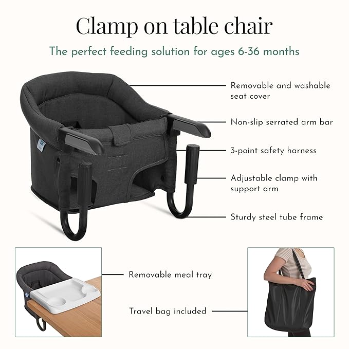 Evolur Clamp-On Comfort Table Chair, Portable Clip-On High Chair for Babies & Toddlers (6–36 Months), Removable Washable Seat Cover, Dishwasher-Safe Tray, Foldable Design with Carry Bag – Black