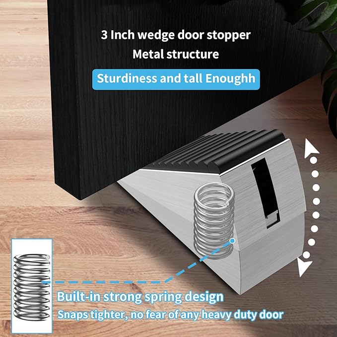 2Pc Strongest Door Stoppers for Bottom of Door- Spring Heavy Duty Door Stop Wedge, 3 Inch High Adjustable Metal Rubber Large Doorstop Strong Grip, Suits Carpet, Tile,Home,School,Commercial