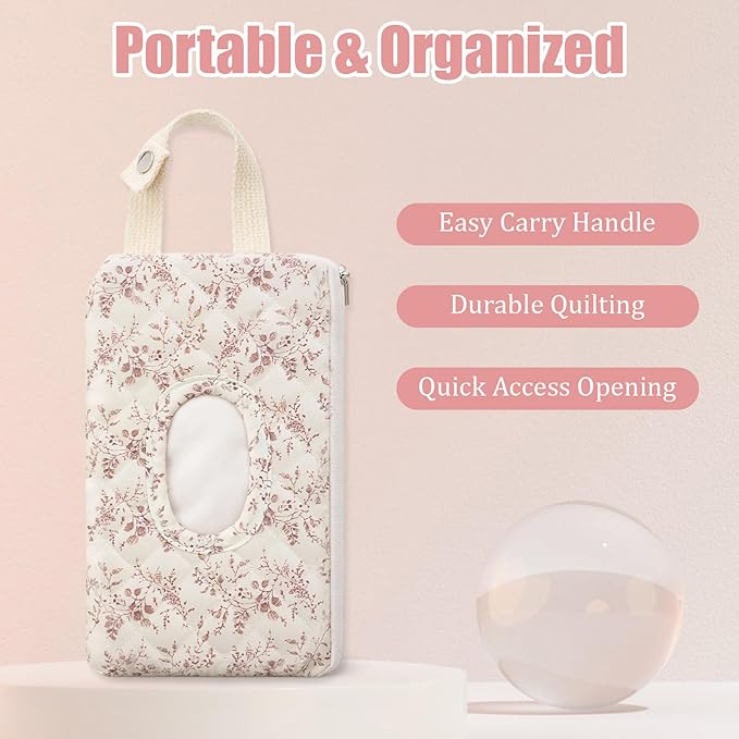 Quilted Diaper Wipe Pouch Hanging Floral Wet Wipes Bag Reusable Fabric Cover with Zipper & Lanyard for Car Daily Casual Travel Mommy Bag