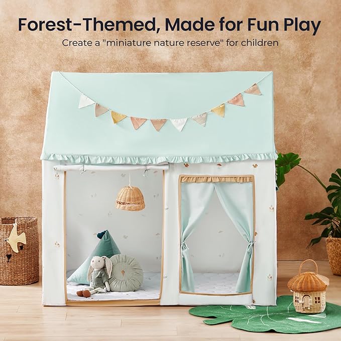 Tiny Land Kids Tent with Printed Mat, Kids Play Tent for Toddlers, Playhouse for Kid Indoor, Ideal Toy Gift for 3+ Boys & Girls, Play Room Furniture - 52" x 35" x 53" Green Forest
