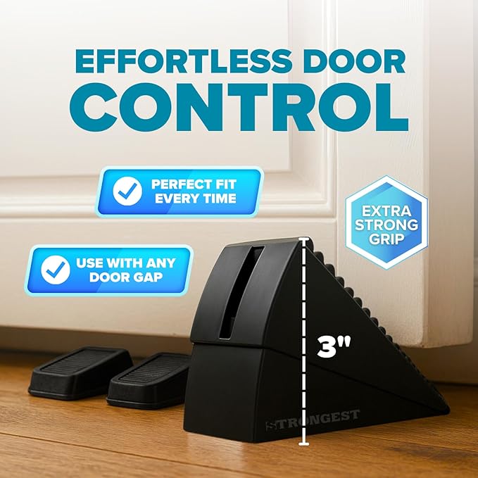 Strongest Home 10 Pack XL Adjustable Door Stopper with Spring – Heavy Duty Wedge for Oversized, Thick & Heavy Doors, Anti-Slip Rubber Grip, Commercial, Home & Outdoor Use on Carpet, Wood, Tile - Black