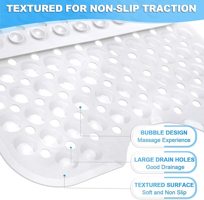Bathtub and Shower Mats, 40x16 Inch Extra Large Non Slip Soft Bath Tub Mat with Suction Cups and Drain Holes for Bathroom Floor and Keep Tubs Clean, Machine Washable, White